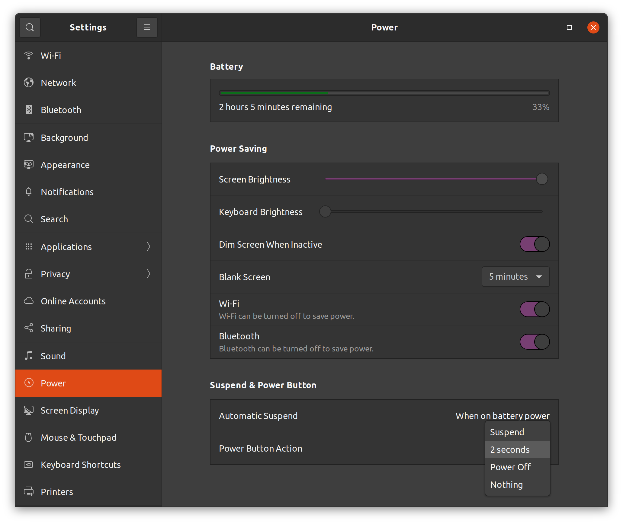 GNOME Settings without the hibernate option