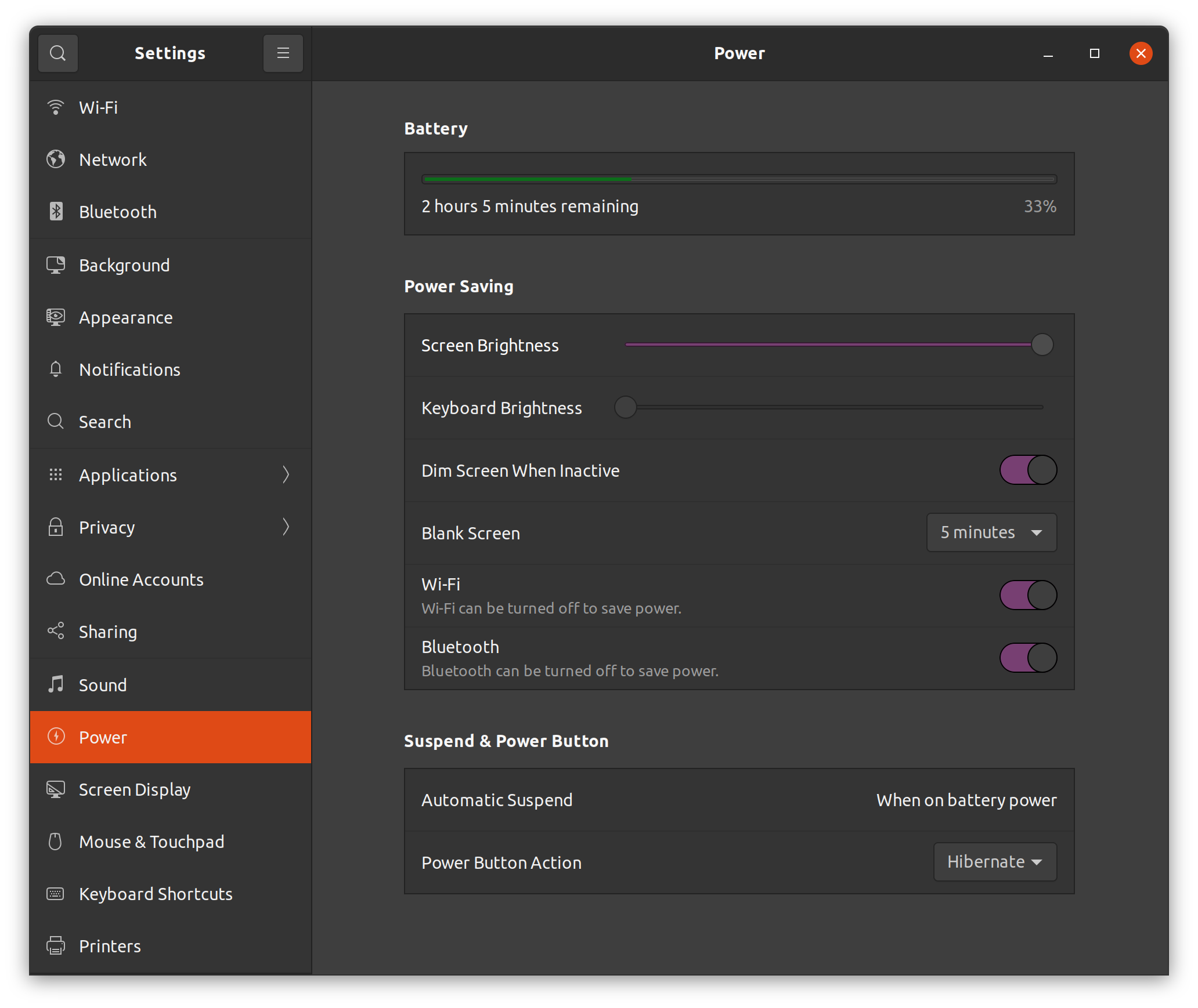 The GNOME power settings menu with hibernate available as a power button action